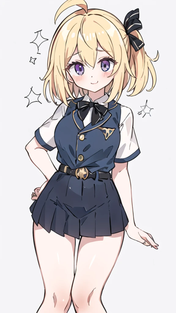 General Details: very detailed, very high resolution, exceptionally high resolution, exceptionally detailed, best quality, 3D artwork, perfect lighting and shading, perfect work, 1 girl, beautiful hands, perfect hands
Not NSFW (Not Safe for Work): (nsfw:-1.5)
Clothing: clothing, (simple dark grey pleated short skirt:1.4), (shiny gold-buckled black leather belt:1.3), (dark blue bow tie:1.2), short sleeves, white shirt, white buttoned shirt
Facial Expression: small smile at the corner of the mouth, very sly eyes
Pose: standing, modeling, looking at the viewer
Character Traits: slender, kawaii, perfectly symmetrical face, soft pinkish cheeks, super cute girl, super cute face, exceptionally detailed eyes, exceptionally detailed hair, extremely cute, extremely beautiful
Background: stargazing field, night, dark, deep depth of field, exceptionally detailed background
Additional Physical Traits: large B-cup breasts, wide hips, large thighs, beautiful long legs, , short
Hairstyle: (ahoge:1.2), (short bob with see-through bangs), one side ponytail on the left, hair between the eyes, pale yellow hair with white tips, bright purple eyes.