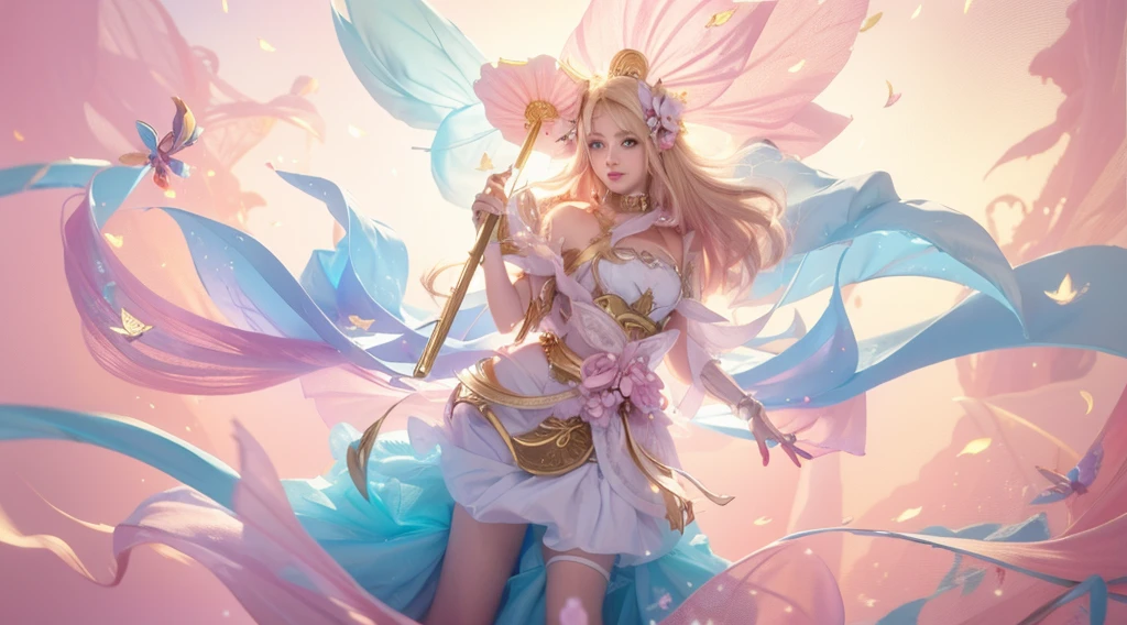 Woman with pink long hair, woman with beautiful face, woman with beautiful blue round eyes, woman with blue feather wing on her right hand, beautiful woman with pink lipstick, morning background, woman with beautiful pink flower on her blonde short hair, woman using pink skirt, woman with gold Root accessories on her body, woman on green leaf background, woman with golden accessories on her head, woman using blue dress and pink white gradient color, pink flower on her inkhair, pink dress,