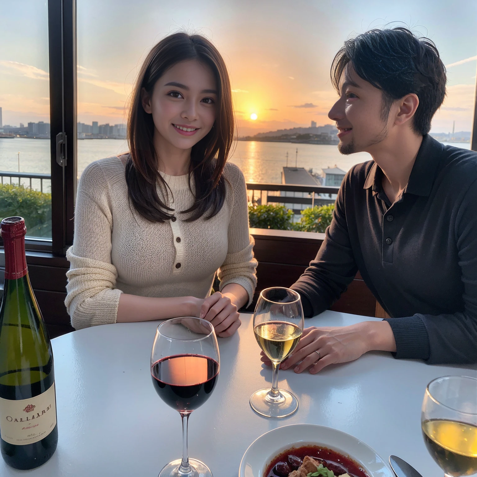 ((Highest quality、8K、masterpiece:1.3))、 (Ultra-realistic、 Genuine、Bright image、Intricate details:1.2), 最高のsmile、1 male、1 female、Beautiful couple、Love Love Love、To all Yokohama lovers、Good friends、actress couple、smile、Full-course dinner at a packed table、 (Slim face), (the body is slim), (Brown Hair), (short hair), テーブルのwine glass、Please shine a light on my face、 Amazing view of the sunset sky and clouds、 years old 39 years old, red wine 、Appetizers、Wine bottle、sparkling wine、Long sleeve shirt、dress、White wine, red wine, wine glass,