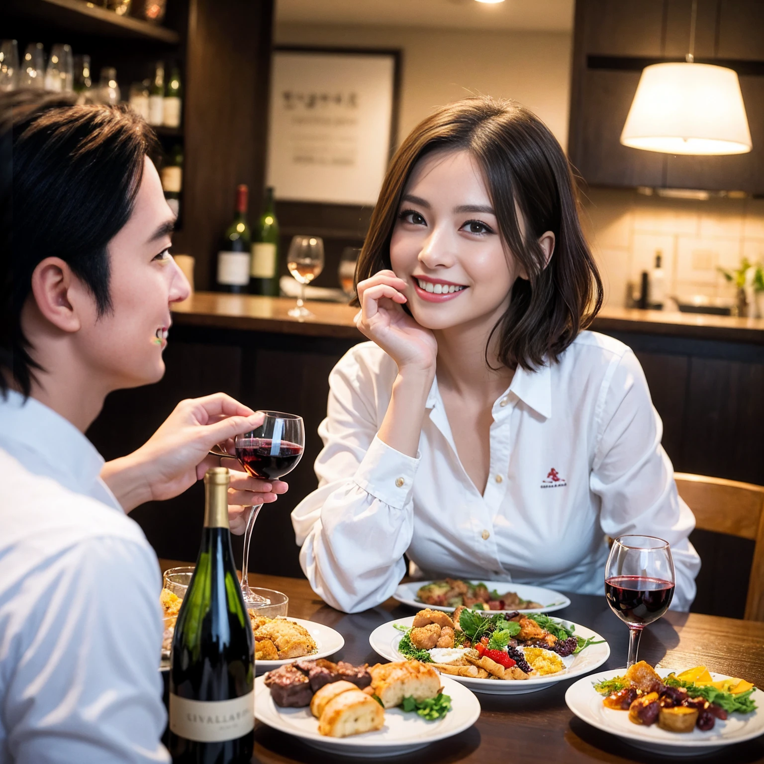 ((Highest quality、8K、masterpiece:1.3))、 (Ultra-realistic、 Genuine、Bright image、Intricate details:1.2), 最高のsmile、1 male、1 female、Beautiful couple、Love Love Love、To all Yokohama lovers、Good friends、actress couple、smile、Full-course dinner at a packed table、 (Slim face), (the body is slim), (Brown Hair), (short hair), テーブルのwine glass、Please shine a light on my face、 Amazing view of the sunset sky and clouds、 years old 39 years old, red wine 、Appetizers、Wine bottle、sparkling wine、Long sleeve shirt、dress、White wine, red wine, wine glass,