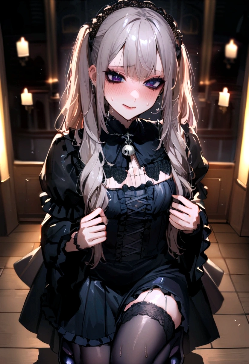 Hard Dark Gothic Makeup、Dark black eyeshadow、sad、Skin radiance、Dark Gothicメイク、Dark Smile、palace、The beauty of perfume、24 years old、Expressing intense  pleasure、Embarrassed look、Dark Gothic、best quality、Expression of  pleasure in pain、Drunken face、Purple maid outfit、mystery、noble、Someone holds its face in the toilet、、A loving smile、twin-tail hair、Right eye is blue, The left eye is red、Super Posture、Platform high heels、Heavy makeup、Gothic Lolita Clothing、Silver Hair、Long straight hair、Cute Gothic Lolita Dress、Pretty Face、Elegant Features、Charming face、Multicolored Glass is the background、Sweat glistened on the 、The room is dark、long gothic dress、Bell sleeves、Wizard Sleeves、Decadent look、Signs of  excitement、Smooth thighs soaked in water、The thighs are wet，Oily and shiny、Roses background in the room、sad expression、Rose Girl、The embroidery is pink、This dress has pink embroidery.、Knee socks、Knee socks、Gentle expression、dark black eyeshadow、Multicolored Glass and rose background、Thighs are a bit thin、Women's Couple Dance、Female couple、Dark Church Background、Multicolored Glass、black metal world、dark castle、darkroom、slim body、long gothic dress、Victorian style dress、Her thighs glistened with sweat、My body is wet，shining、There are a lot of sequins on the thighs、Sweating、My thighs are sticky from Sweating、Thighs glistening with sweat, 全身Sweating，Oily shiny、I sweated a lot.、我的大腿Sweating了、My thighs are wet、My thighs are covered in sweat、Sweating，The whole body sparkles、Small 、upright、Standing、Hold the wine in your right hand、Holding a lantern in his left hand、Pantyhose、Dynamic Angle、look down、