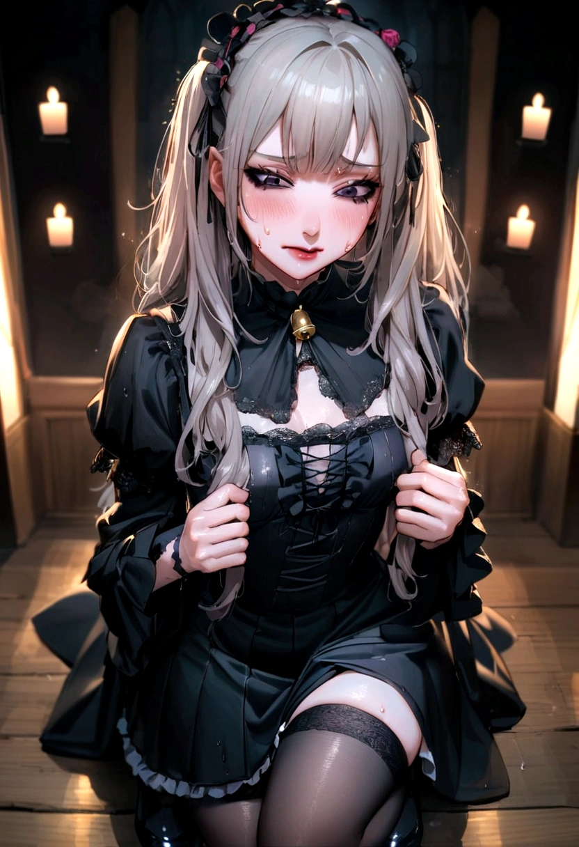Hard Dark Gothic Makeup、Dark black eyeshadow、sad、Skin radiance、Dark Gothicメイク、Dark Smile、palace、The beauty of perfume、24 years old、Expressing intense sexual pleasure、Embarrassed look、Dark Gothic、best quality、Expression of sexual pleasure in pain、Drunken face、Purple maid outfit、mystery、noble、Someone holds its face in the toilet、Sexy、A loving smile、twin-tail hair、Right eye is blue, The left eye is red、Super Posture、Platform high heels、Heavy makeup、Gothic Lolita Clothing、Silver Hair、Long straight hair、Cute Gothic Lolita Dress、Pretty Face、Elegant Features、Charming face、Multicolored Glass is the background、Sweat glistened on the chest、The room is dark、long gothic dress、Bell sleeves、Wizard Sleeves、Decadent look、Signs of sexual excitement、Smooth thighs soaked in water、The thighs are wet，Oily and shiny、Roses background in the room、sad expression、Rose Girl、The embroidery is pink、This dress has pink embroidery.、Knee socks、Knee socks、Gentle expression、dark black eyeshadow、Multicolored Glass and rose background、Thighs are a bit thin、Women&#39;s Couple Dance、Female couple、Dark Church Background、Multicolored Glass、black metal world、dark castle、darkroom、slim body、long gothic dress、Victorian style dress、Her thighs glistened with sweat、My body is wet，shining、There are a lot of sequins on the thighs、Sweating、My thighs are sticky from Sweating、Thighs glistening with sweat, 全身Sweating，Oily shiny、I sweated a lot.、我的大腿Sweating了、My thighs are wet、My thighs are covered in sweat、Sweating，The whole body sparkles、Small Breasts、upright、Standing、Hold the wine in your right hand、Holding a lantern in his left hand、Pantyhose、Dynamic Angle、look down、