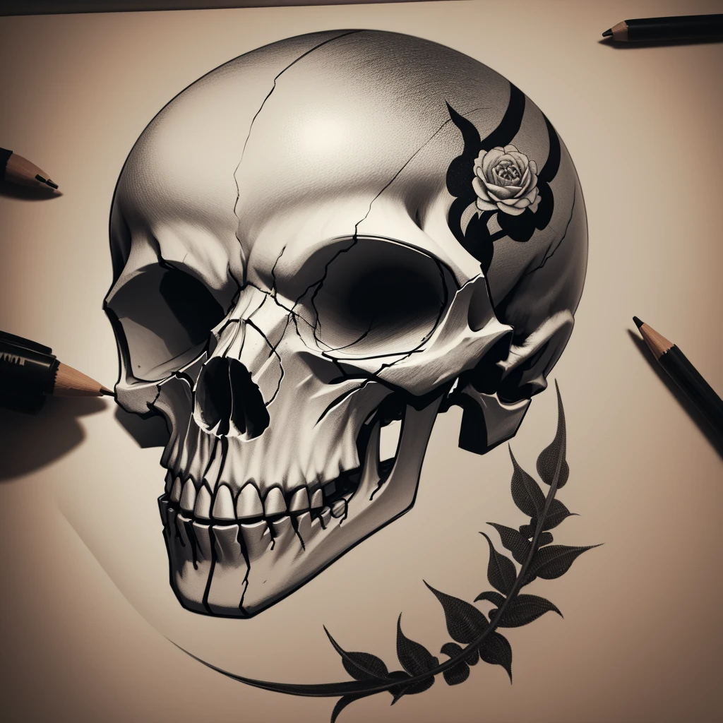 drawing of a minimalist tattoo, skull, bird, plant