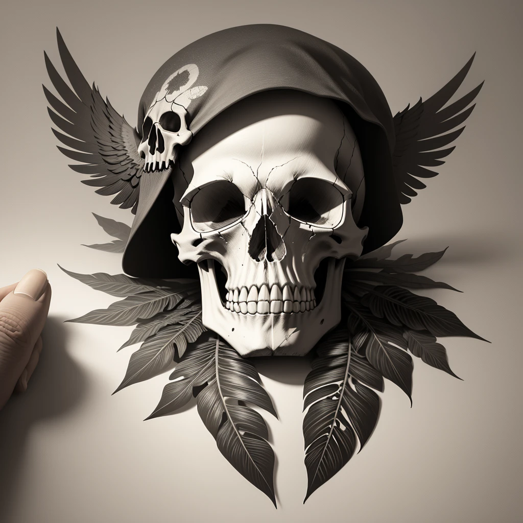 drawing of a minimalist tattoo, skull, bird, plant
