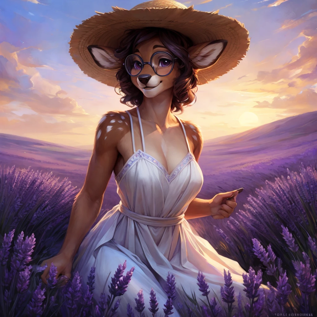 uploaded on e621, by Pixelsketcher, by Bayard Wu, by Thomas Benjamin Kennington , by Einshelm, by hioshiru and kenket, Chunie, portrait, solo anthro female deer doe, with small featureless breasts, clear dark blue, cinematic lighting, day, sunny day, lavender field, stays in a lavender field, lavender field background, mediterranean background, horizon background, shiny, short curly dark brown hair, wears big black nerd glasses, very very beautiful furry art, furry art, smiling, joyful, shiny, happy, feminine, cute face, muzzle, fluffy chest, flawless face, Fallow deer, 1girl, Sakimichan is beautiful, Masterpiece, Wavethesallow Face, shiny, Detailed image, portrait, Detailed image, portrait, full body, wearing pure white and wide spaghetti straps dress, wearing big and wide beige summer straw hat, shiny, realistic face, perfect anatomy, hourglass body, (furry body:1.1), anthropomorphic deer, looks at the viewer, small fluffy tail, detailed background, (cute anatomy:1.1), stands in a lavender field
