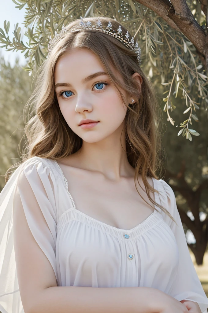 Peacefully atmosphere, sunlight, Beautiful and cute 18 year old girl, face look innocent and angelic, pale white skin, rosy cheeks and lips, big blue eyes, goddess, white pigeon, olive crown, olive tree, jewelry, river, heaven