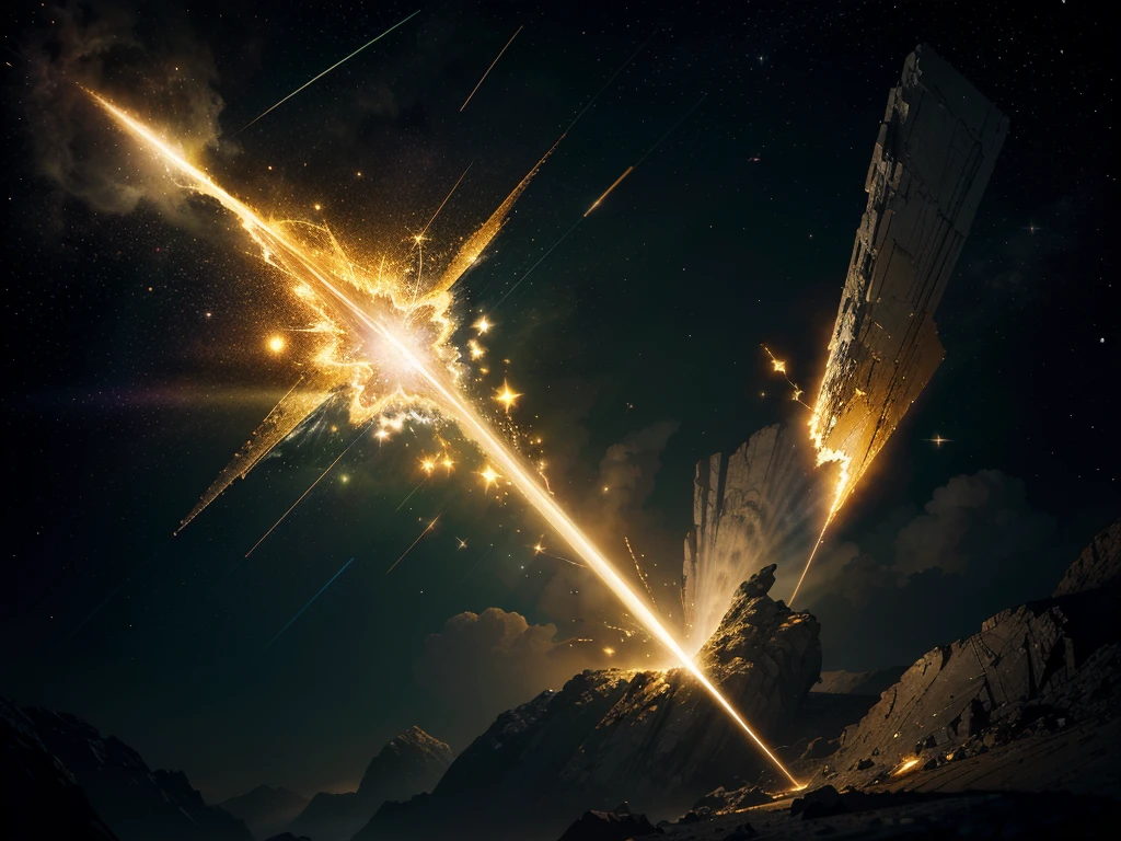 (stocky luminous flux),cosmos background,extra-fierce,golden and white beam,(shatter through the asiderite),magnificient,official art,best quality