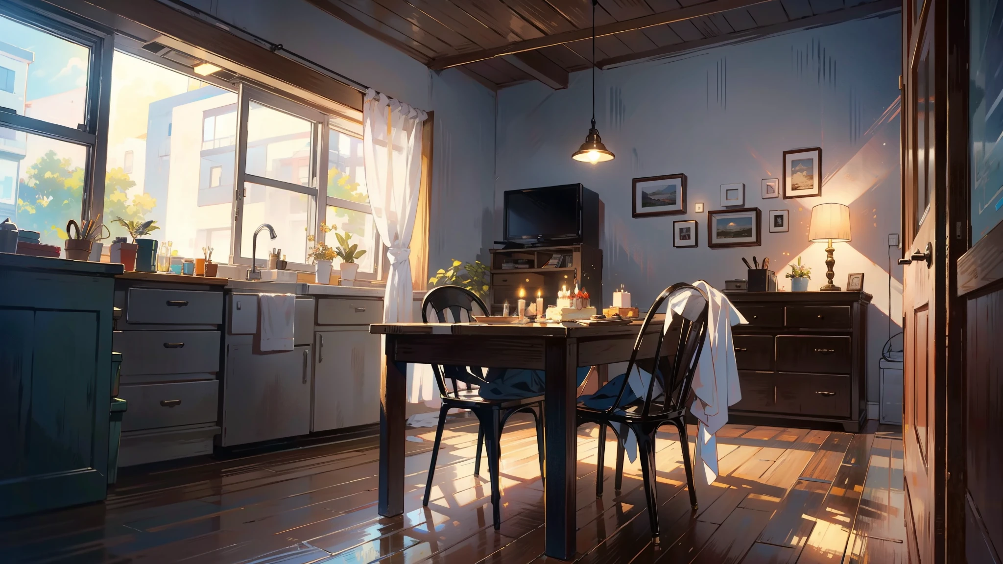 Dark apartment, small birthday cake on old wooden table, modern apartment, alarm clock on the wall,anime scene.Upward shot,No humans
