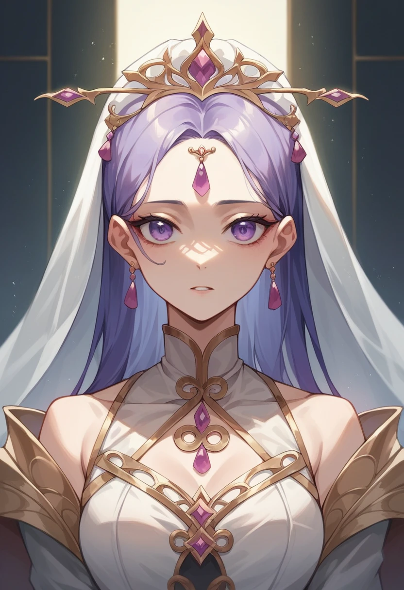 twelve year old girl,of fine and delicate beauty. very thin and small, with big purple eyes and porcelain skin so light it was almost translucent.
Dressed in clothes from 1530,pale purple,use a thin tiara with a veil