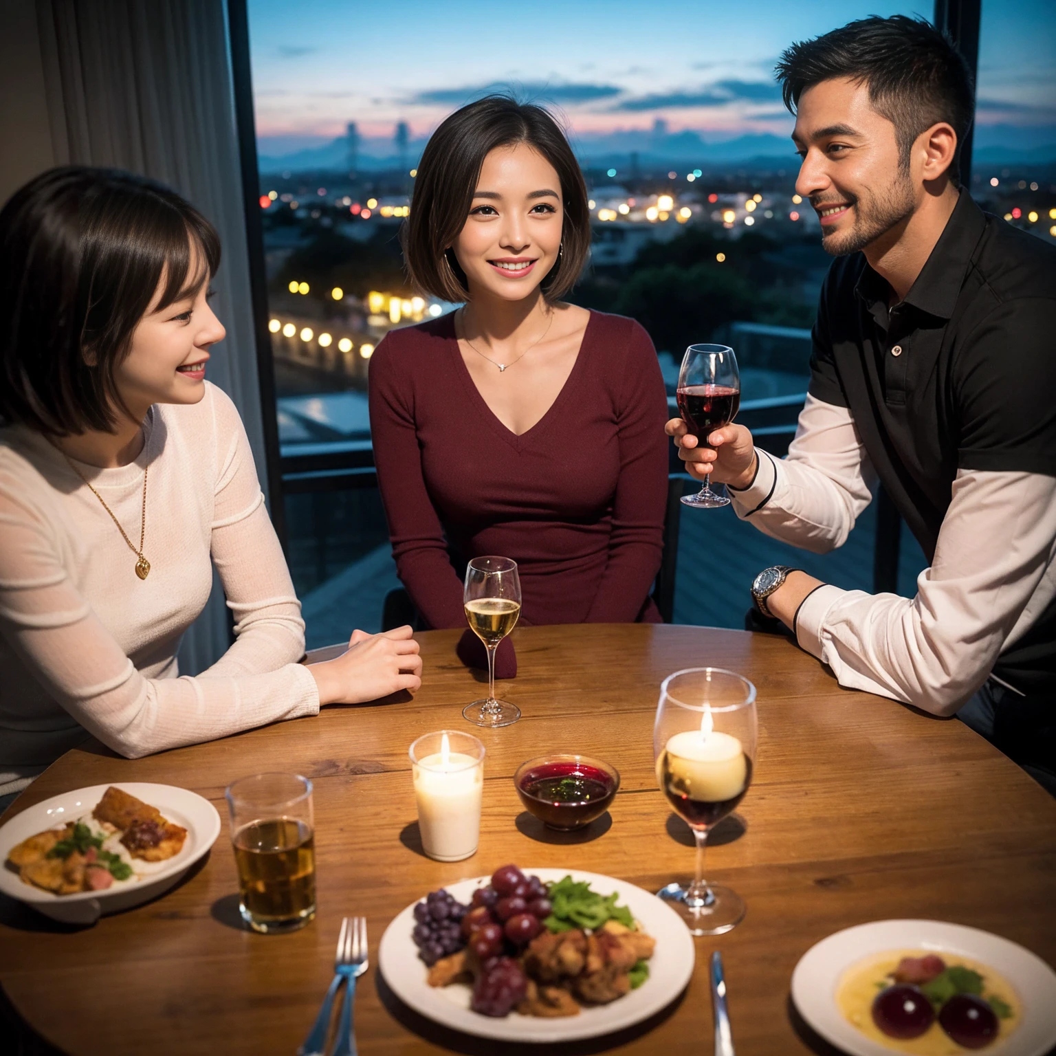 ((Highest quality、8K、masterpiece:1.3))、 (Ultra-realistic、 Genuine、Bright image、Intricate details:1.2), 最高のsmile、1 male、1 female、Beautiful couple、Love Love Love、Lovers in Yokohama、Good friends、actress couple、smile、Full-course dinner at a packed table、 (Slim face), (the body is slim), (Brown Hair), (short hair), テーブルのwine glass、Please shine a light on my face、 Amazing view of the sunset sky and clouds、 years old 39 years old, red wine 、Appetizers、Wine bottle、sparkling wine、Long sleeve shirt、dress、White wine, red wine, wine glass,