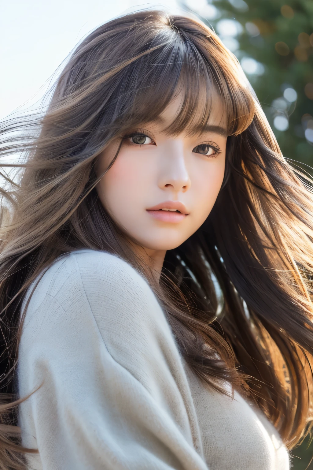((hair blowing in the wind、No makeup:1.2))、(realistic、Photoreal、super detailed、best detailed skins、highest quality、masterpiece、超A high resolution)、cute russian woman、、high school girl、young girl、1 girl、have bangs、ash blonde:1.7、double eyelid、drooling eyes、Japanese style face、purity、realistic肌タイプ、thick muffler、Gray muffler、fluffy hair、((There's hair in the scarf:1.3))、red cheeks、The wind is blowing、night、illumination、lighting from behind、hair blowing in the windがステキ、