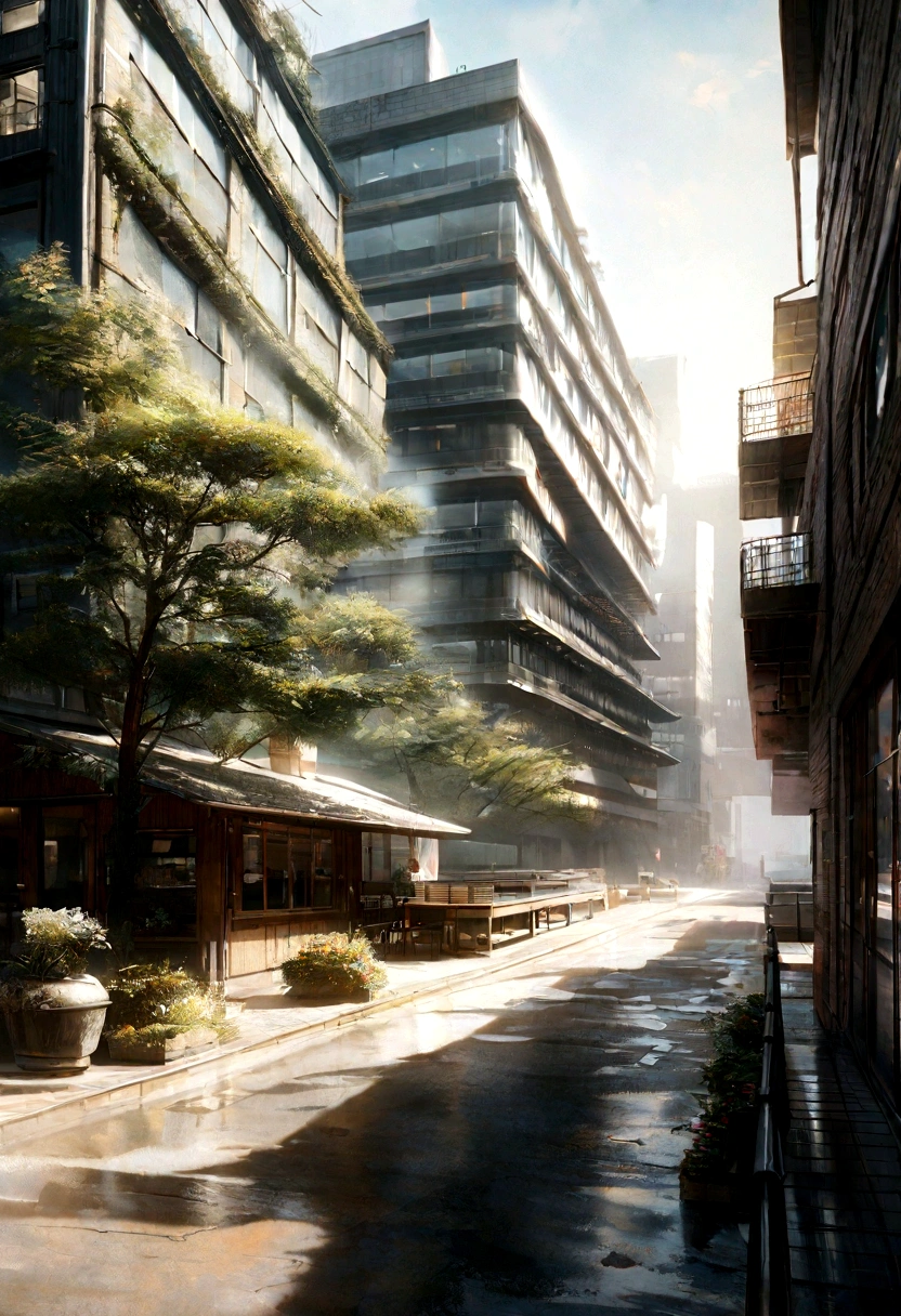 True, realistic, cinematic quality, super detail, super quality, super hd, real photography, corporate buiding, sunshine, fog, area building