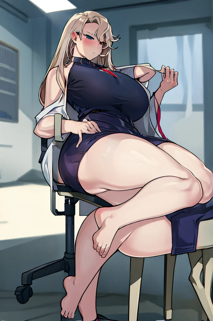 big breasts, big tits, big ass, thick thighs, Barefoot, naked, hospital room, sitting on a chair