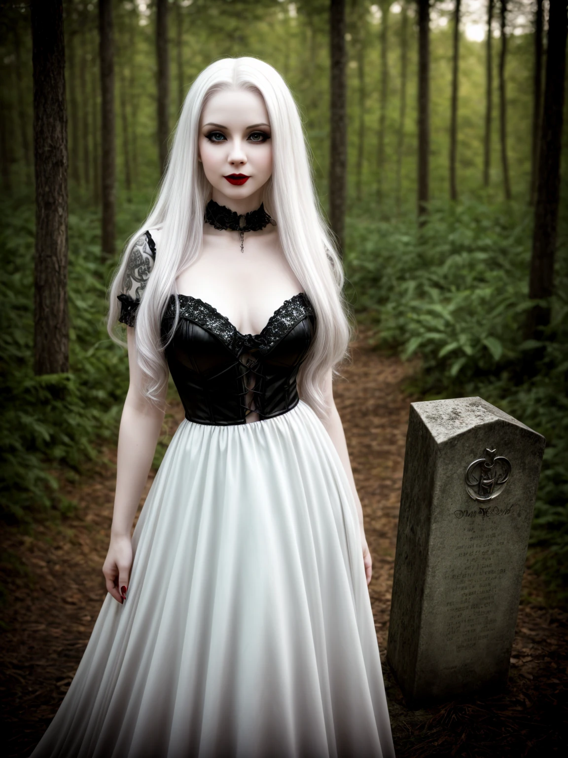 female sexy vampire|albino, pale porcelain skin, sexy vintage black dress, smile, shallow depth of field, grin|creepy, nightfall, detailed face, night, wide hips, narrow waist, portrait of woman standing, detailed eyes, portrait of woman standing, 8k RAW photo, highest quality, looking at the viewer, best shadow, intricate details, long hair, bright eyes, forest, grave, gothic, goth detailed, highres, high qualilty, high saturation