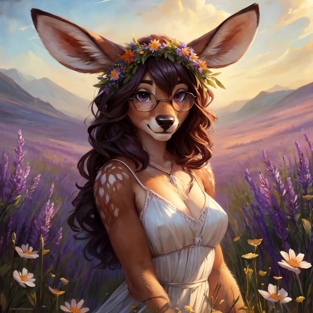 uploaded on e621, watercolor look, by Pixelsketcher, by Bayard Wu, by Thomas Benjamin Kennington , by Einshelm, by hioshiru and kenket, Chunie, portrait, solo anthro female deer doe, with small featureless breasts, clear dark blue, cinematic lighting, day, sunny day, lavender field, stays in a wildflowers field, wildflowers field background, mediterranean background, horizon background, shiny, short curly dark brown hair, wearing big black nerd glasses, very very beautiful furry art, furry art, smiling, joyful, shiny, happy, feminine, cute face, muzzle, fluffy chest, flawless face, Fallow deer, 1girl, Sakimichan is beautiful, Masterpiece, Wavethesallow Face, shiny, Detailed image, portrait, Detailed image, portrait, full body, wearing pure white short spaghetti straps dress, wearing a wildflowers wreath, shiny, realistic face, perfect anatomy, hourglass body, (furry body:1.1), anthropomorphic deer, looks at the viewer, small fluffy tail, detailed background, (cute anatomy:1.1), stands in a wildflowers field
