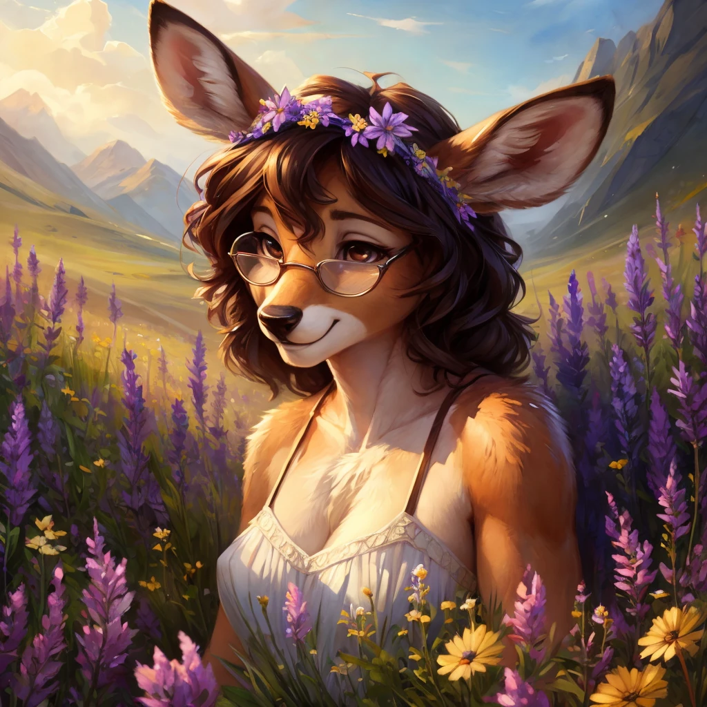uploaded on e621, watercolor look, by Pixelsketcher, by Bayard Wu, by Thomas Benjamin Kennington , by Einshelm, by hioshiru and kenket, Chunie, portrait, solo anthro female deer doe, with small featureless breasts, clear dark blue, cinematic lighting, day, sunny day, lavender field, stays in a wildflowers field, wildflowers field background, mediterranean background, horizon background, shiny, short curly dark brown hair, wearing big black nerd glasses, very very beautiful furry art, furry art, smiling, joyful, shiny, happy, feminine, cute face, muzzle, fluffy chest, flawless face, Fallow deer, 1girl, Sakimichan is beautiful, Masterpiece, Wavethesallow Face, shiny, Detailed image, portrait, Detailed image, portrait, full body, wearing pure white short spaghetti straps dress, wearing a wildflowers wreath, shiny, realistic face, perfect anatomy, hourglass body, (furry body:1.1), anthropomorphic deer, looks at the viewer, small fluffy tail, detailed background, (cute anatomy:1.1), stands in a wildflowers field