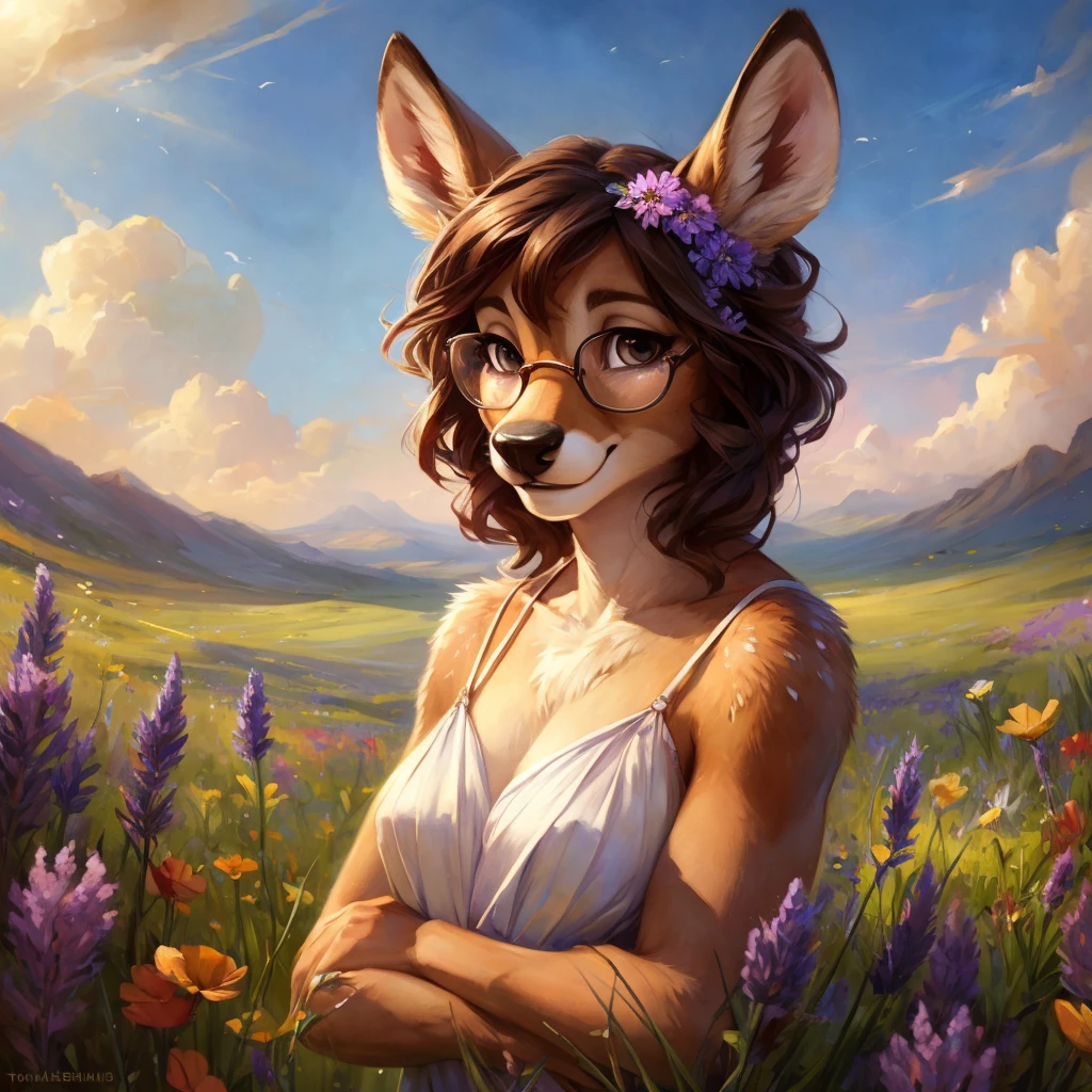 uploaded on e621, watercolor look, by Pixelsketcher, by Bayard Wu, by Thomas Benjamin Kennington , by Einshelm, by hioshiru and kenket, Chunie, portrait, solo anthro female deer doe, with small featureless breasts, clear dark blue, cinematic lighting, day, sunny day, lavender field, stays in a wildflowers field, wildflowers field background, mediterranean background, horizon background, shiny, short curly dark brown hair, wearing big black nerd glasses, very very beautiful furry art, furry art, smiling, joyful, shiny, happy, feminine, cute face, muzzle, fluffy chest, flawless face, Fallow deer, 1girl, Sakimichan is beautiful, Masterpiece, Wavethesallow Face, shiny, Detailed image, portrait, Detailed image, portrait, full body, wearing pure white short spaghetti straps dress, wearing a wildflowers wreath, shiny, realistic face, perfect anatomy, hourglass body, (furry body:1.1), anthropomorphic deer, looks at the viewer, small fluffy tail, detailed background, (cute anatomy:1.1), stands in a wildflowers field