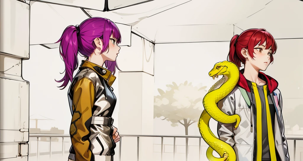 There are two cute 16 year old girls, one of them has a yellow snake on her arm.