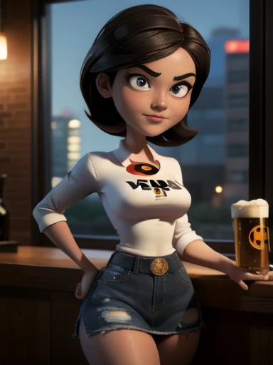 (the best quality)), ((highy detailed)), Masterpiece artwork, (eyeballs detallados, eyeballs profundos), (1 girl), Helen Parr, 1 girl, standing alone, ssmile, short body hair, blackw_body hair, eyeballs_cafeteria, darkskin, skin black,curvy mature body, bar background full of men, Helen Parr wears bra and tight denim skirt, Helen is having a beer, tranquil atmosphere, helena