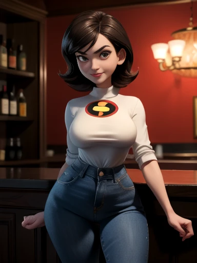 (the best quality)), ((highy detailed)), Masterpiece artwork, (eyeballs detallados, eyeballs profundos), (1 girl), Helen Parr, 1 girl, standing alone, ssmile, short body hair, blackw_body hair, eyeballs_cafeteria, darkskin, skin black,curvy mature body, bar background full of men, Helen Parr wears bra and tight denim skirt, Helen is having a beer, tranquil atmosphere, helena