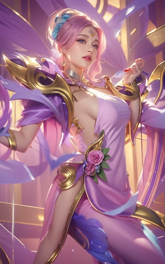 Woman with purple long hair, woman with beautiful face, woman with beautiful blue round eyes, woman with blue feather wing on her right hand, beautiful woman with pink lipstick, morning background, woman with beautiful pink flower on her blonde short hair, woman using pink skirt, woman with gold Root accessories on her body, woman on green leaf background, woman with golden accessories on her head, woman using blue dress and pink white gradient color, pink flower on her Purplehair, purple dress, i SAID purple DRESSSSS