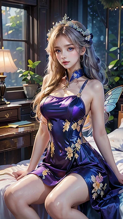 Best quality, masterpiece, ultra high res, raw photo, beautiful and aesthetic, deep shadow, fairy theme,(ultra detailed:1.3),
1girl, sexy pose, flower headdress, drill hair, long hair, blonde hair, gradient hair, yellow eyes, solo, huge breasts, big hair, blue hair, divine goddess, looking at viewer, indoors, queen bedroom, empress bed, room full of curtain, astraea, full body, purple dress, fairy dress, transparant dress,