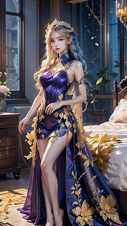 Best quality, masterpiece, ultra high res, raw photo, beautiful and aesthetic, deep shadow, fairy theme,(ultra detailed:1.3),
1girl, sexy pose, flower headdress, drill hair, long hair, blonde hair, gradient hair, yellow eyes, solo, huge breasts, big hair, blue hair, divine goddess, looking at viewer, indoors, queen bedroom, empress bed, room full of curtain, astraea, full body, purple dress, fairy dress, transparant dress,