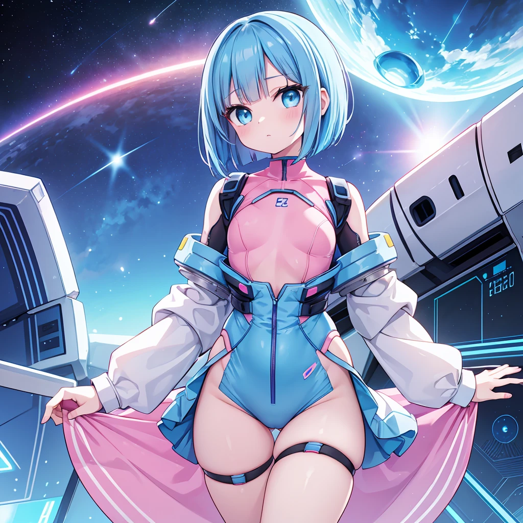 An android woman, flat chest, cute face, blue hair and blue eyes, bob cut hair, full body, thin waist, pink-light blue pants, wearing a pink-light blue shirt, blue shoes, perfect thighs, sfw, on a space station, sfw, space themed, android, hair has pink highlights