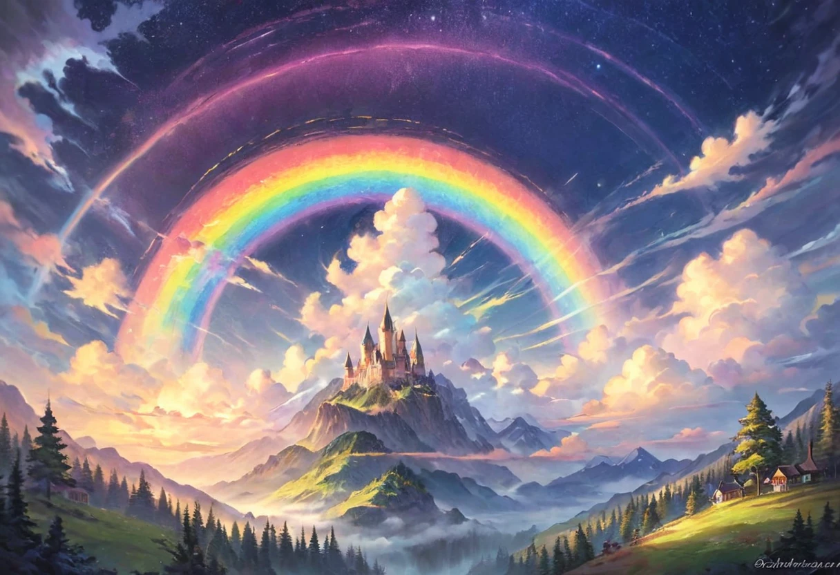 Made up of vibrant rainbow colors, Shining rainbow among fluffy clouds in the sky, Surrounded by dynamic and fascinating lighting. Fantasy art. masterpiece