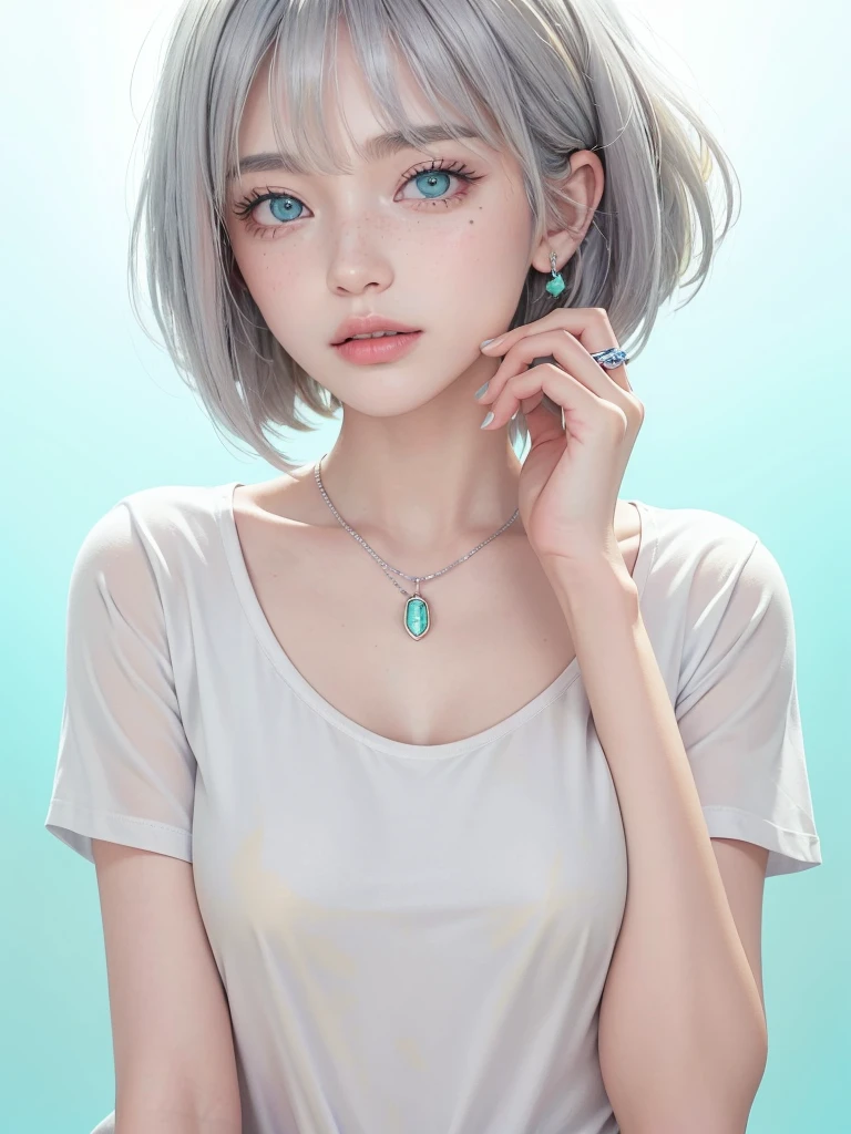 ((masterpiece)), ((best quality)), (ultra-detailed), ((extremely detailed)), 4K, (8K), best quality, a beautiful woman, ((beautiful light gray hair)), shiny hair, ((fluffy bob cut)), light blue eyes, detailed skin, freckled skin, flushed cheeks, 20 years old, , ((Plain Yellow oversized T-shirt, Upper body)), ((solid green background)), like a model、Pose like a model, face tilted, oblique, She wears a simple bracelet and ring from Pandora, and a silver belly chain from Forever 21,