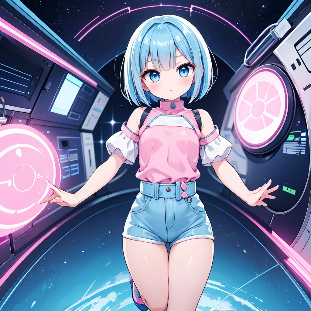 An android woman, flat chest, cute face, blue hair and blue eyes, bob cut hair, full body, thin waist, pink-light blue pants, wearing a pink-light blue shirt, blue shoes, perfect thighs, sfw, on a space station, sfw, space themed, android, hair has pink highlights