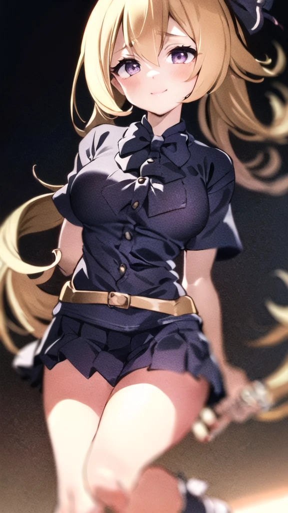 General Details: very detailed, very high resolution, exceptionally high resolution, exceptionally detailed, best quality, 3D artwork, perfect lighting and shading, perfect work, 1 girl, beautiful hands, perfect hands
Not  (): (:-1.5)
Clothing: clothing, (simple dark grey pleated short skirt:1.4), (shiny gold-buckled black leather belt:1.3), (dark blue bow tie:1.2), short sleeves, white shirt, white buttoned shirt
 Expression: small smile at the corner of the mouth, very sly eyes
Pose: standing, modeling, looking at the viewer
Character Traits: slender, kawaii, perfectly symmetrical face, soft pinkish cheeks, super cute girl, super cute face, exceptionally detailed eyes, exceptionally detailed hair, extremely cute, extremely beautiful
Background: stargazing field, night, dark, deep depth of field, exceptionally detailed background
Additional Physical Traits: large B-cup breasts, wide hips, large thighs, beautiful long legs, , short
Hairstyle: (ahoge:1.2), (short bob with  bangs), one side ponytail on the left, hair between the eyes, pale yellow hair with white tips, bright purple eyes.
