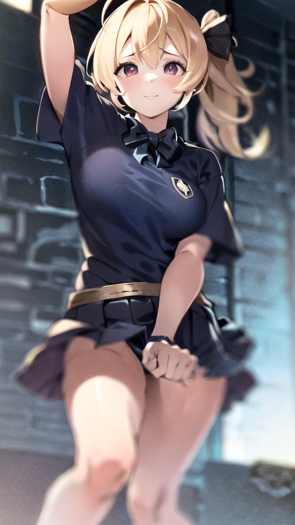 General Details: very detailed, very high resolution, exceptionally high resolution, exceptionally detailed, best quality, 3D artwork, perfect lighting and shading, perfect work, 1 girl, beautiful hands, perfect hands
Not  (): (:-1.5)
Clothing: clothing, (simple dark grey pleated short skirt:1.4), (shiny gold-buckled black leather belt:1.3), (dark blue bow tie:1.2), short sleeves, white shirt, white buttoned shirt
 Expression: small smile at the corner of the mouth, very sly eyes
Pose: standing, modeling, looking at the viewer
Character Traits: slender, kawaii, perfectly symmetrical face, soft pinkish cheeks, super cute girl, super cute face, exceptionally detailed eyes, exceptionally detailed hair, extremely cute, extremely beautiful
Background: stargazing field, night, dark, deep depth of field, exceptionally detailed background
Additional Physical Traits: large B-cup breasts, wide hips, large thighs, beautiful long legs, , short
Hairstyle: (ahoge:1.2), (short bob with  bangs), one side ponytail on the left, hair between the eyes, pale yellow hair with white tips, bright purple eyes.