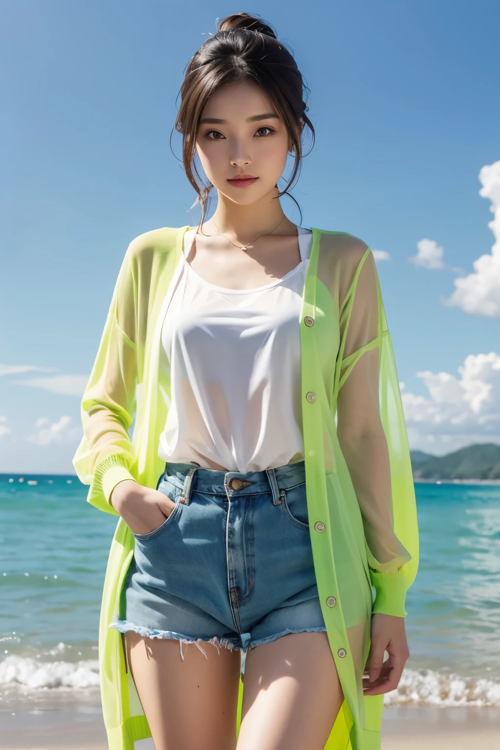 Beautiful woman on a beautiful sea background, Fluorescent yellow  cardigan, 
