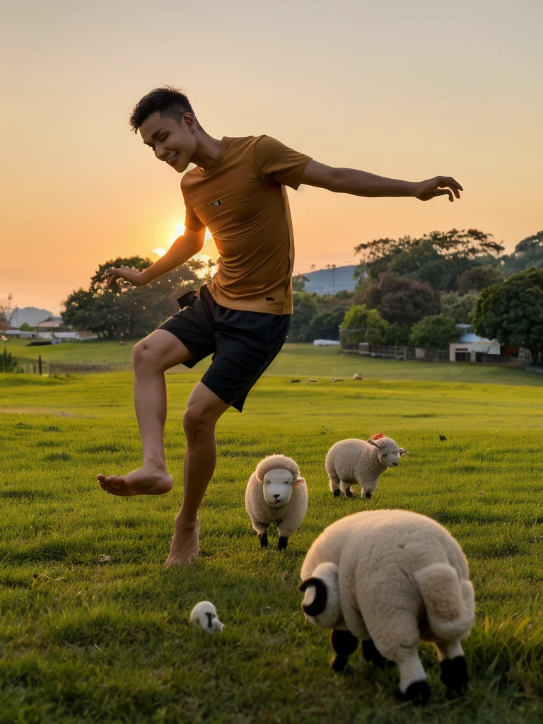 A slim Indonesian man in a brown t-shirt and black shorts, barefoot, poses lovingly with a spotless white sheep in the middle of a grassy field at sunset. A perfect harmony between man and nature is created in the breathtaking twilight beauty.