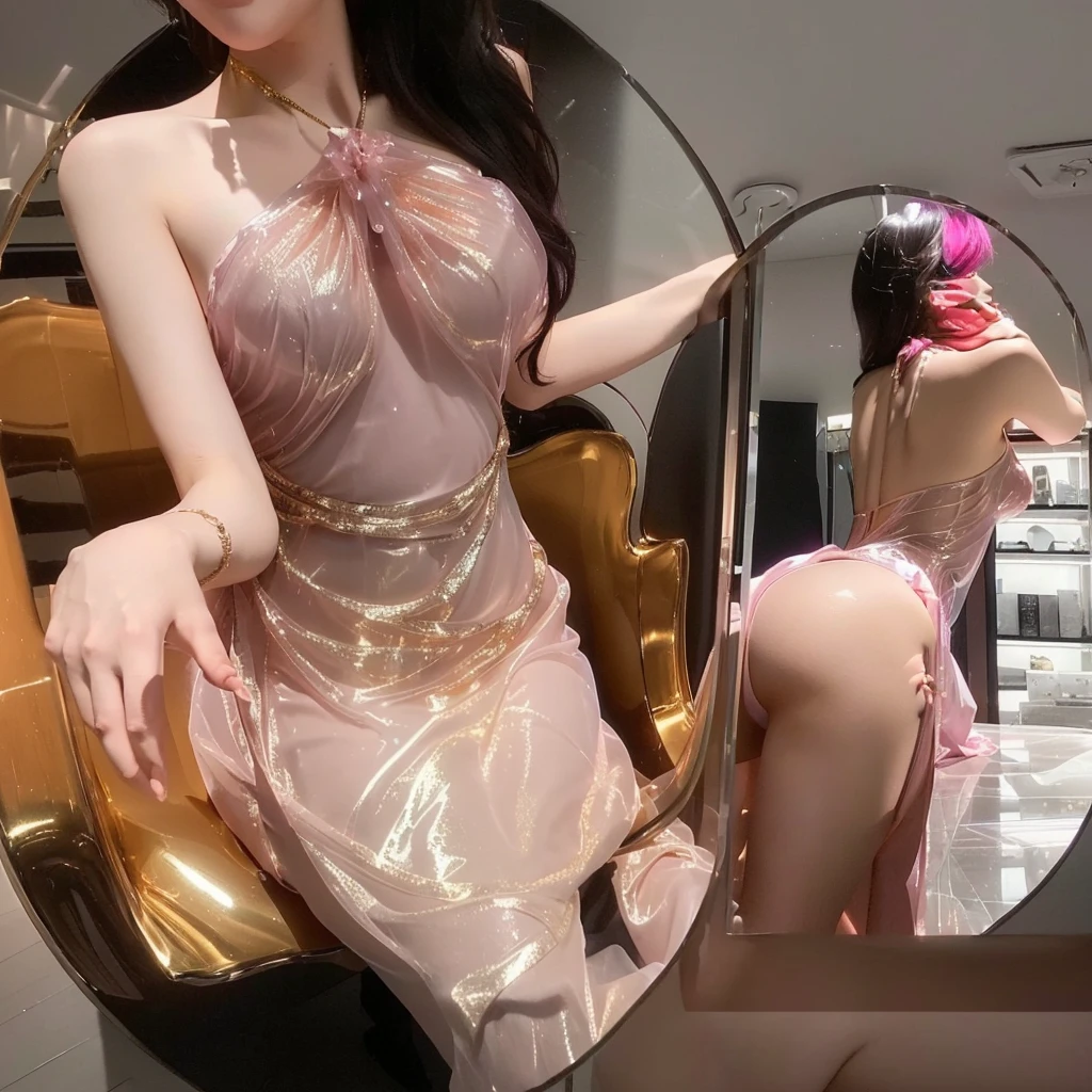 A lady in a pink dress sits on a chair, Rainbow Glossy  , Revealing clothing, SEMI-SHEAFUL SILK DRESS, Sexy dress, taken in 2 0 2 0, Very Sexy Clothes, V-neck dress, 2263539546], Sexy dress, Sexy style, Charming and , Gold  bikini