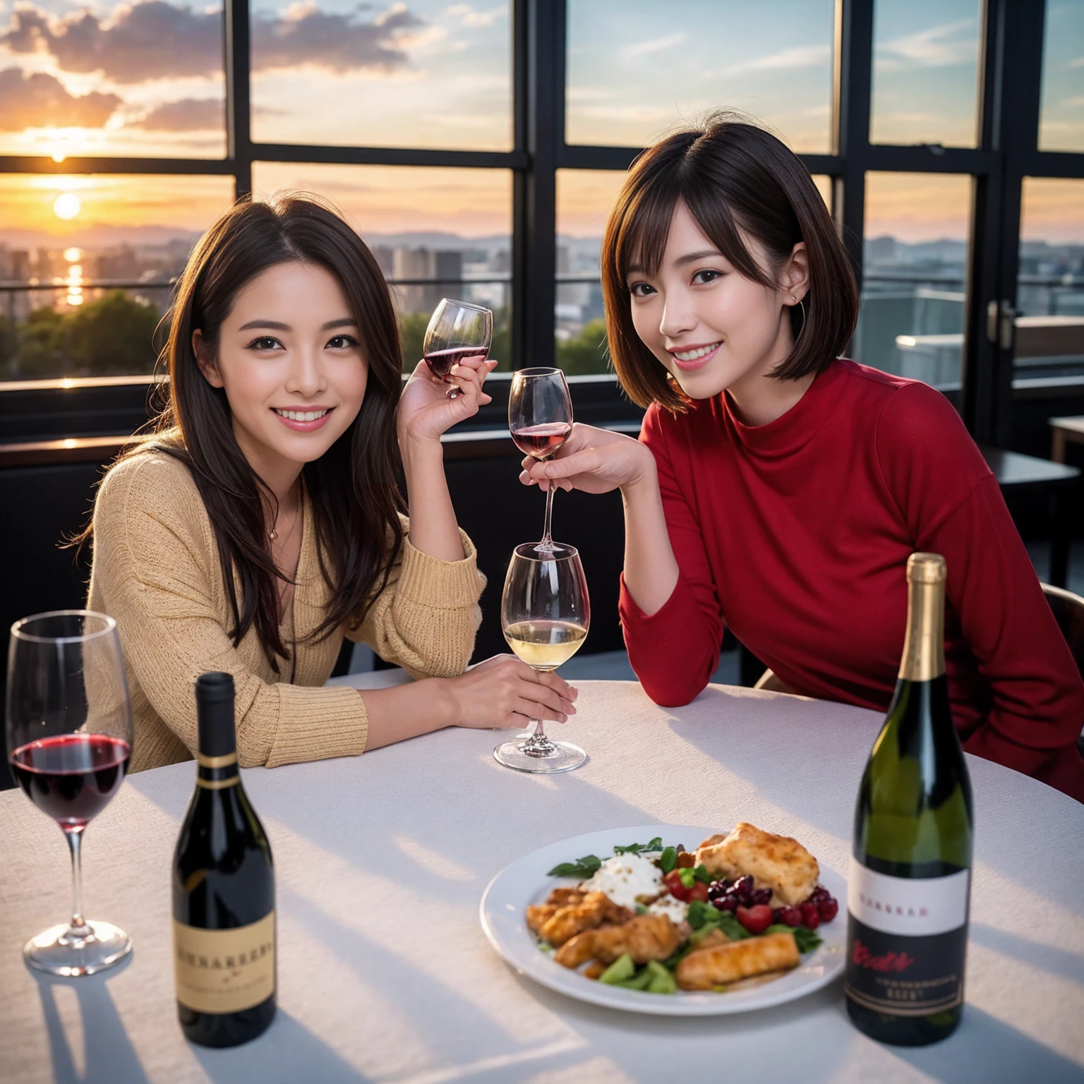 ((Highest quality、8K、masterpiece:1.3))、 (Ultra-realistic、 Genuine、Bright image、Intricate details:1.2), 最高のsmile、1 male、1 female、Beautiful couple、love love love、Lovers in Yokohama、Good friends、actress couple、smile、Full-course dinner at a packed table、 (Slim face), (the body is slim), (Brown Hair), (short hair), テーブルのwine glass、Please shine a light on my face、 Amazing view of the sunset sky and clouds、 years old 39 years old, red wine 、Appetizers、Wine bottle、sparkling wine、Long sleeve shirt、dress、White wine, red wine, wine glass,