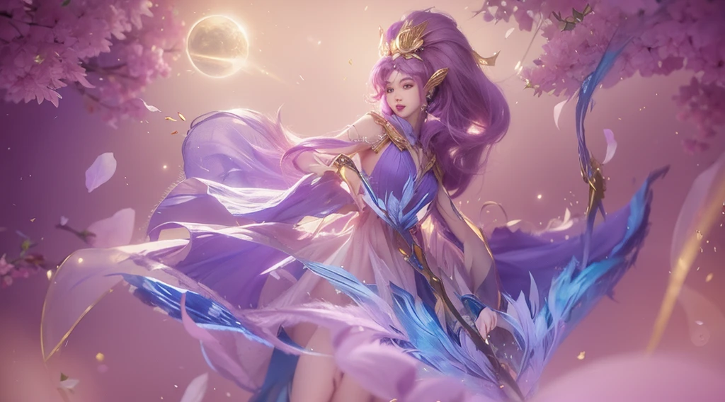 Woman with purple long hair, woman with beautiful face, woman with beautiful blue round eyes, woman with blue feather wing on her right hand, beautiful woman with pink lipstick, morning background, woman with beautiful pink flower on her blonde short hair, woman using pink skirt, woman with gold Root accessories on her body, woman on green leaf background, woman with golden accessories on her head, woman using blue dress and pink white gradient color, pink flower on her Purplehair, purple dress, i SAID purple DRESSSSS