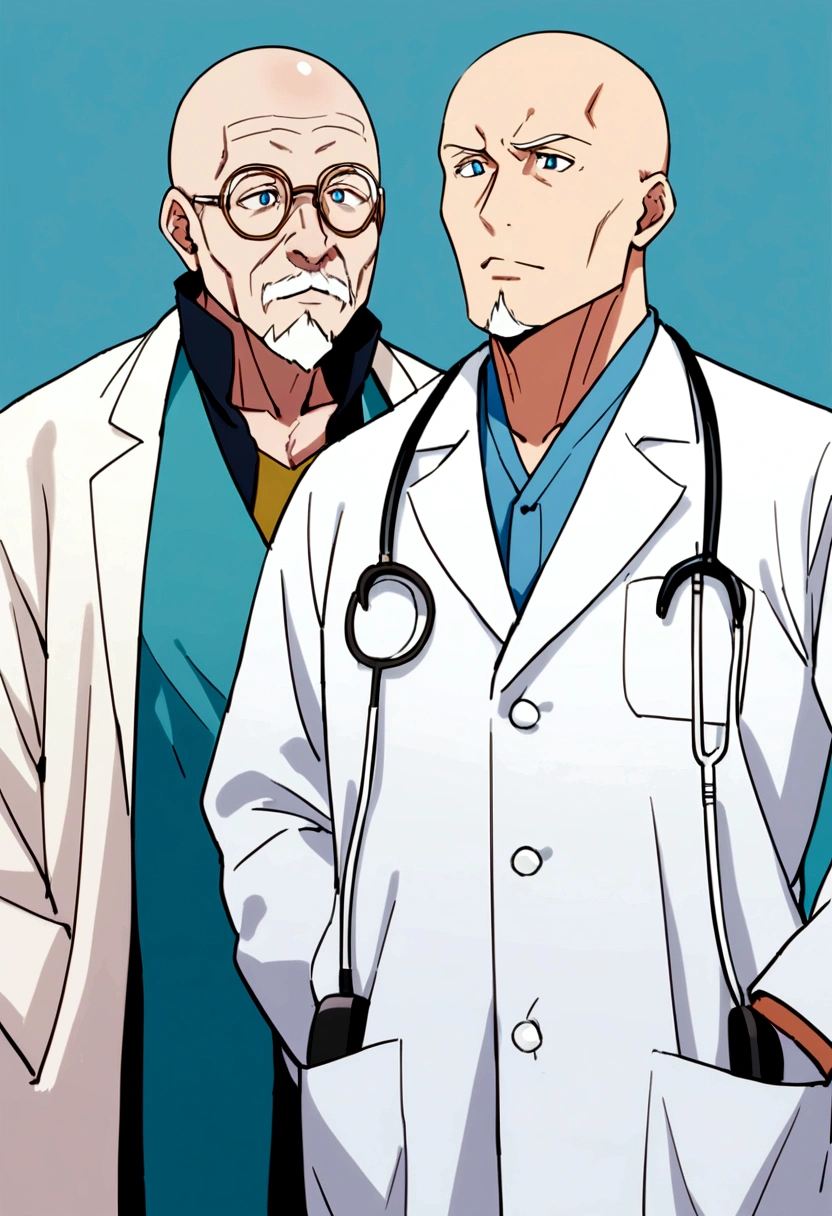 60 years old man, bald, white hair on both sides, goatee, blue eyes, white blouse, yellow buttons. doctor