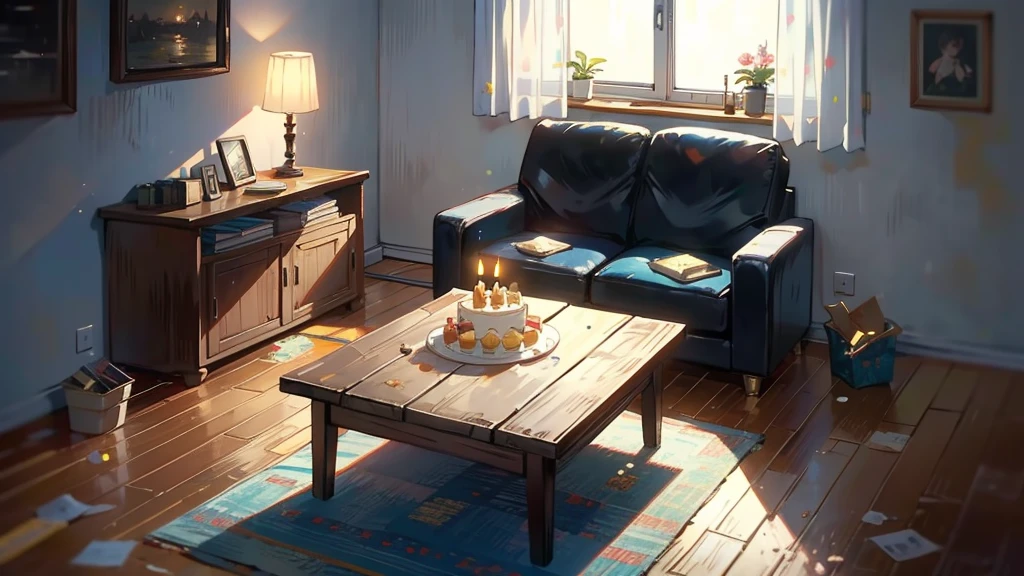 Dark apartment, small birthday cake on old wooden table, modern apartment, alarm clock on the wall，anime scene.Upward shot，No humans