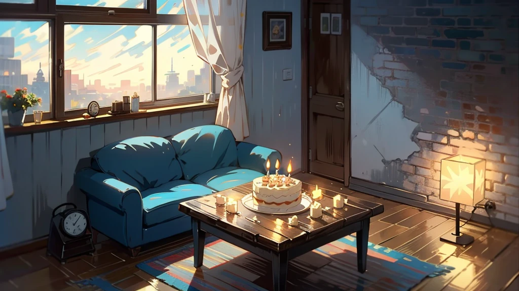 Dark apartment, small birthday cake on old wooden table, modern apartment, alarm clock on the wall，anime scene.Upward shot，No humans