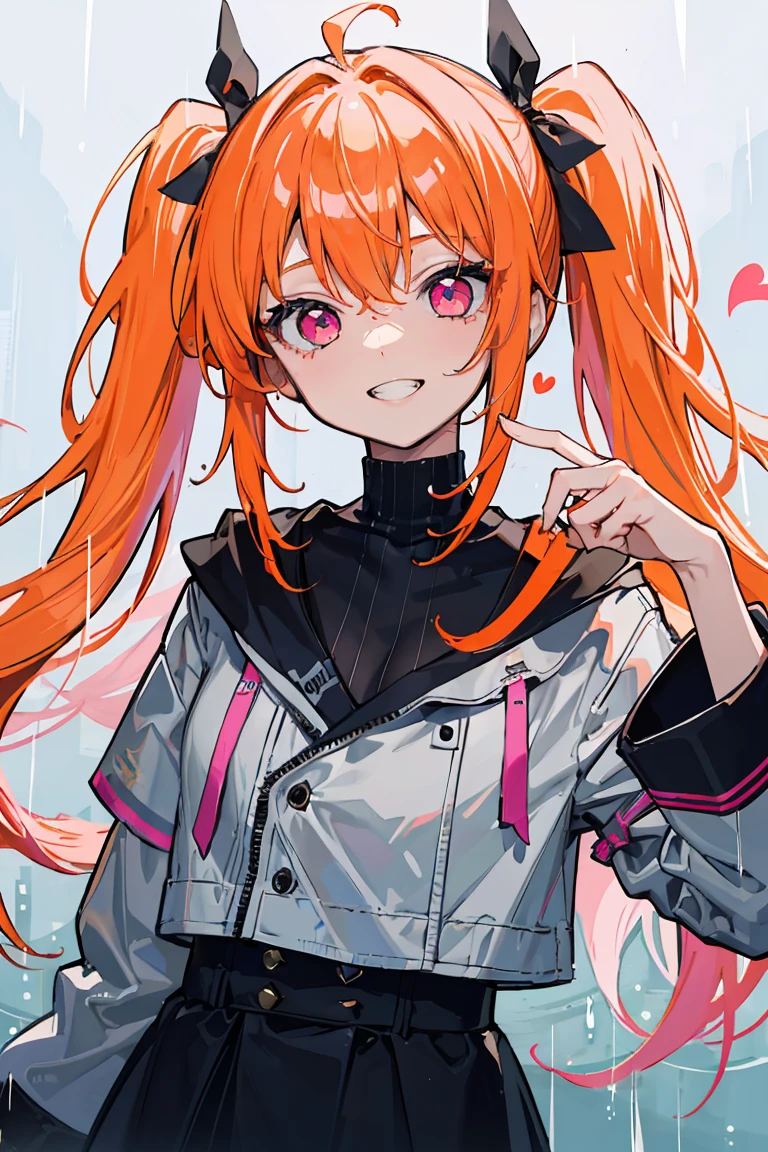 1 Girl, , (storm,heavy rain,bad weather),Watery eye, Grit your teeth, Panic look, Colorful clothes, Orange Hair, Long Hair, Twin tails, Bright smile, ribbon, Jump,Pink Eyes, ((Heart Eyes)),stage, Pale background,, Colorful Hair, Messy Hair, tonality, Romanticism, modern art, Impressionism, reflected light, 8K, masterpiece, Advanced Details, Highest quality, Accurate