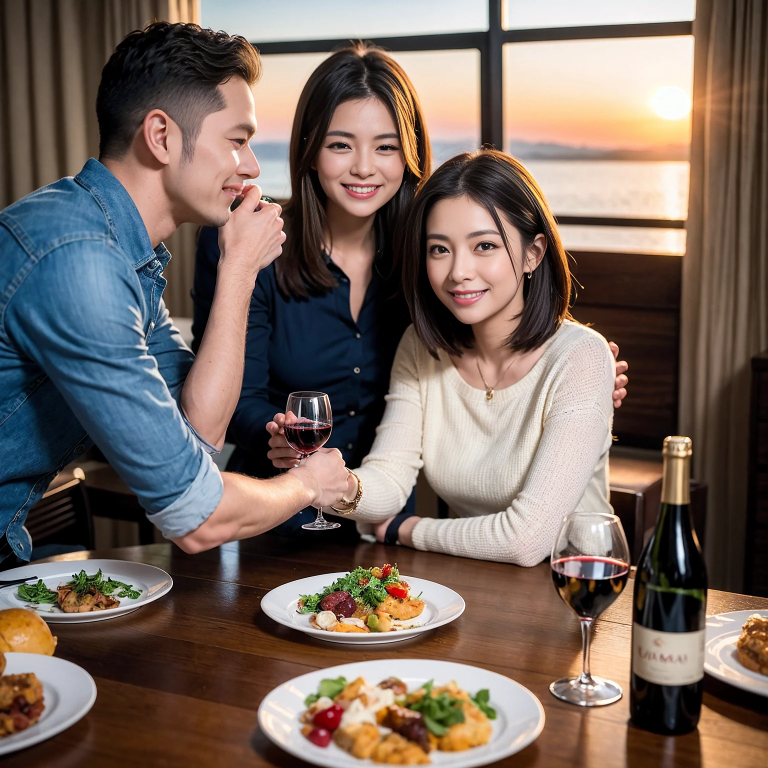 ((Highest quality、8K、masterpiece:1.3))、 (Ultra-realistic、 Genuine、Bright image、Intricate details:1.2), 最高のsmile、1 male 1 female、Beautiful couple、Love Love Love、spouse、Female announcer、actress couple、smile、Full-course dinner at a packed table、 (Slim face), (the body is slim), (Brown Hair), (short hair), テーブルのwine glass、Please shine a light on my face、 Amazing view of the sunset sky and clouds、36 years old 39 years old, red wine 、Appetizers、Wine bottle、sparkling wine、Long sleeve shirt、dress、White wine, red wine, wine glass,