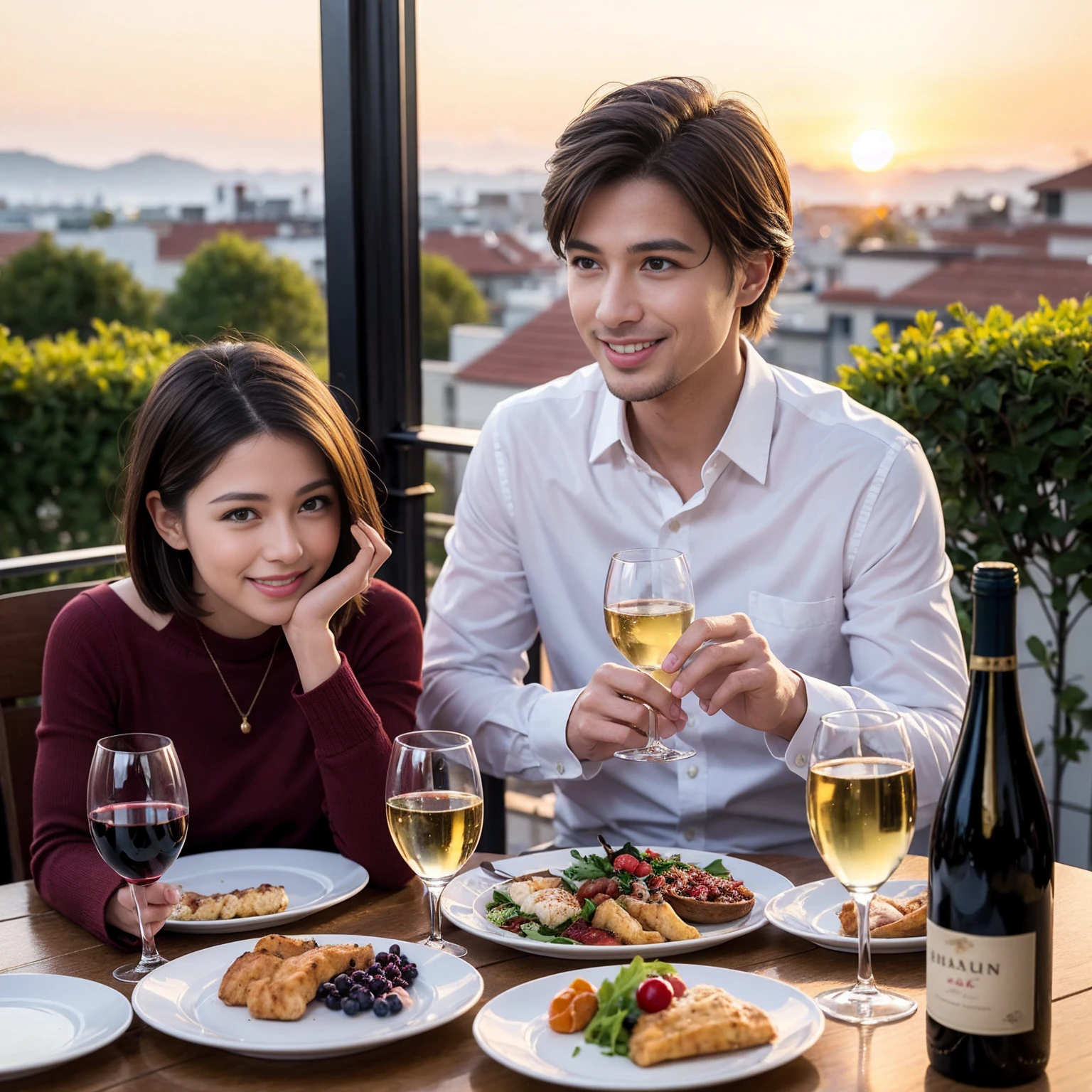 ((Highest quality、8K、masterpiece:1.3))、 (Ultra-realistic、 Genuine、Bright image、Intricate details:1.2), 最高のsmile、1 male 1 female、Beautiful couple、Love Love Love、spouse、Female announcer、actress couple、smile、Full-course dinner at a packed table、 (Slim face), (the body is slim), (Brown Hair), (short hair), テーブルのwine glass、Please shine a light on my face、 Amazing view of the sunset sky and clouds、36 years old 39 years old, red wine 、Appetizers、Wine bottle、sparkling wine、Long sleeve shirt、dress、White wine, red wine, wine glass,