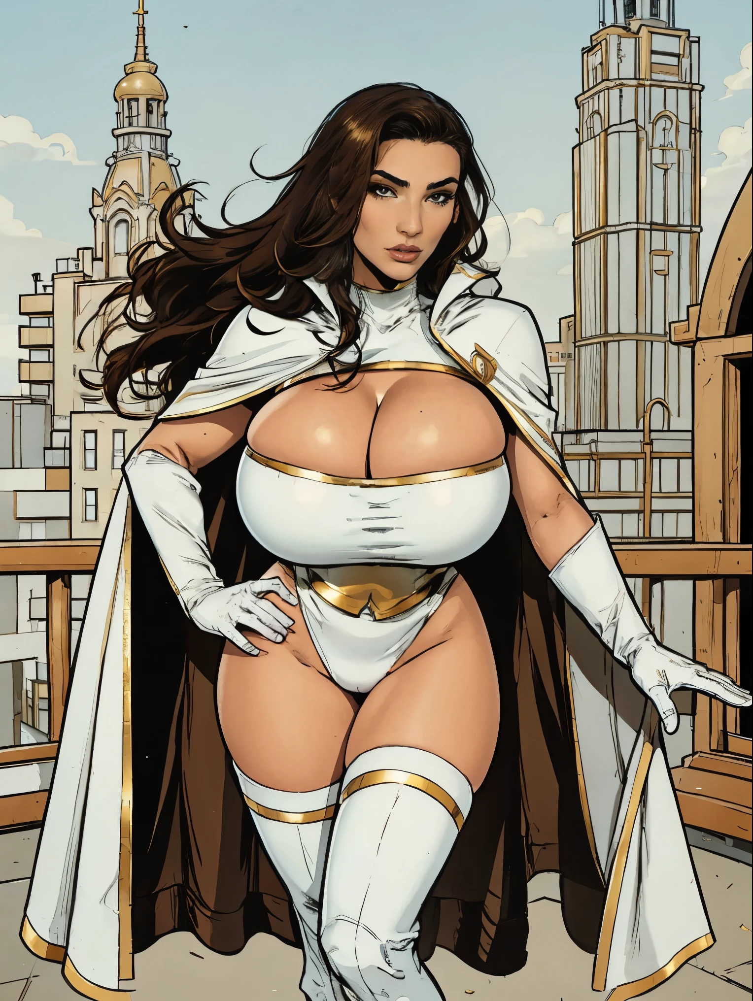 Gorgeous and sultry busty athletic (thin) brunette with sharp facial features and (huge boobs) wearing a white and gold superhero leotard, cape, gloves, thigh-high boots. City skyline, rooftops.