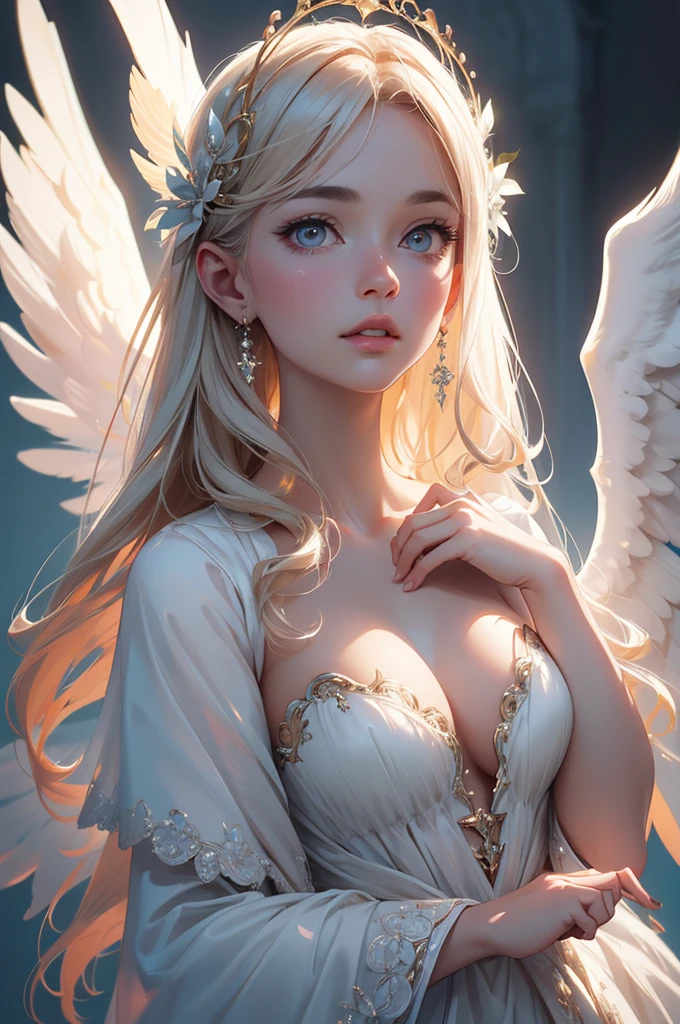 ((ultra quality)), ((realistic,digital art)), (hyper detailed) a beautiful angel woman with halo of light, semi-nude, intricate detailed face, delicate facial features, porcelain skin, ethereal, serene expression, elegant pose, feathered wings, graceful, divine, shimmering light effects, cinematic lighting, chiaroscuro, dramatic shadows, muted color palette, romantic, dreamlike, mystical