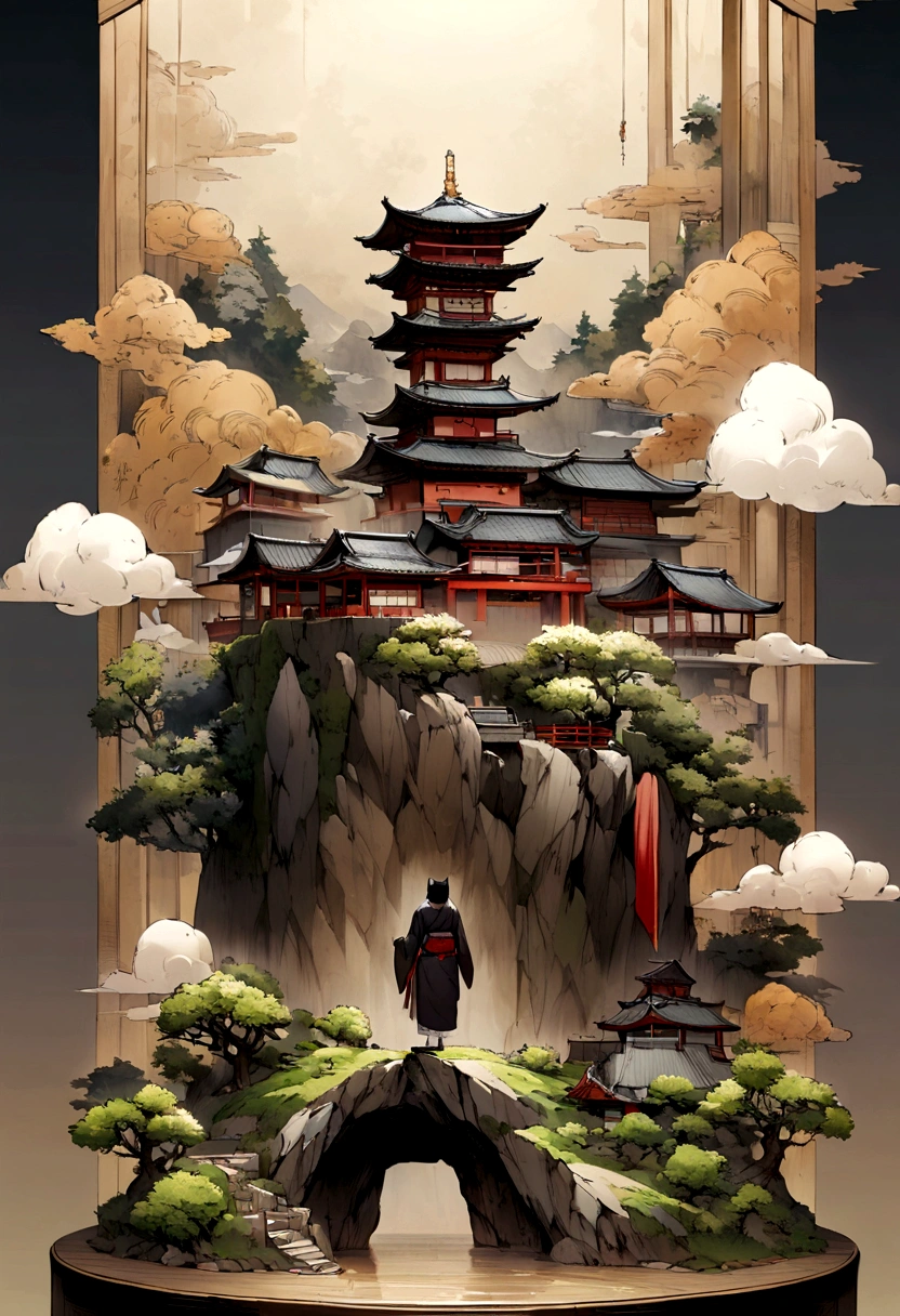 Wearing a Japanese kimono、Cat、Standing on two legountain background、Real