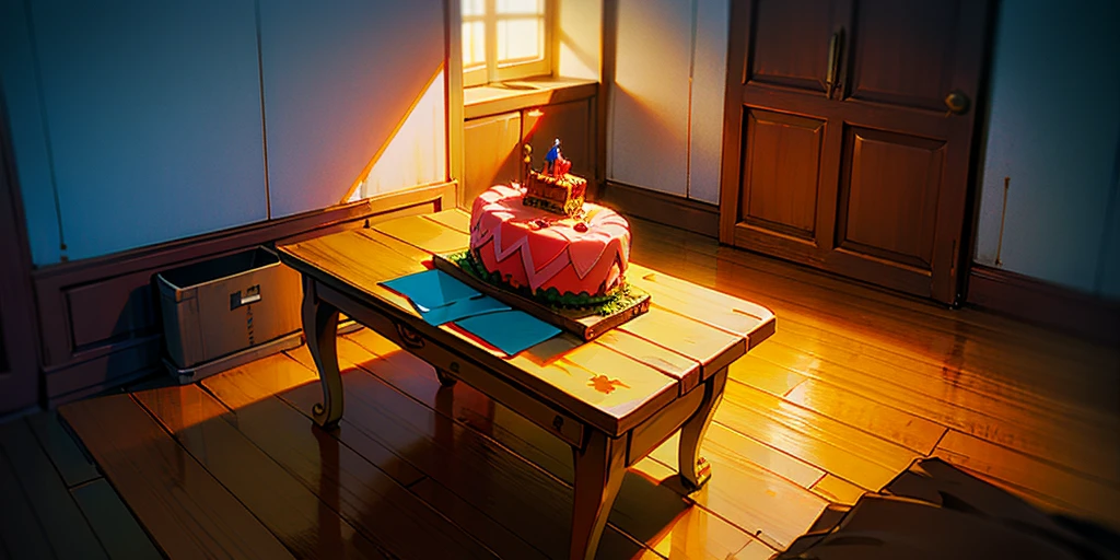masterpiece,best quality,official art,extremely detailed CG unity 8k wallpaper,Dark apartment, small birthday cake on old wooden table, modern apartment, alarm clock on the wall,anime scene.Upward shot,No humans