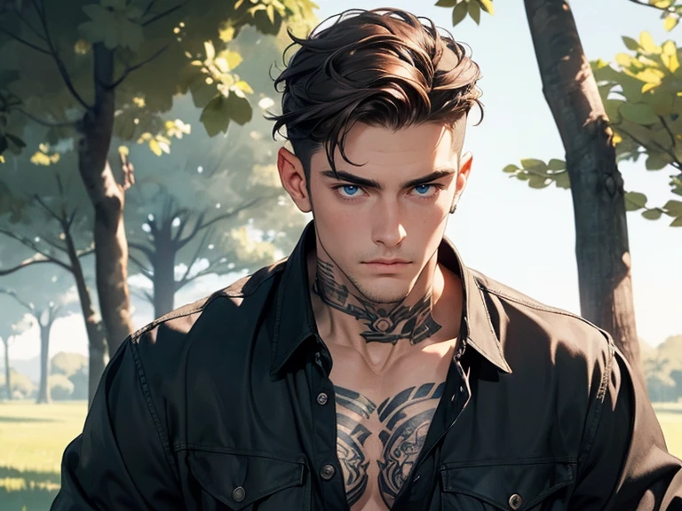 Close-up of Man, Age 25, Sculpted and built, ruggedly good looking, well kept, he has some tattoos, light brown hair, a robust and sharp jawline, bright blue eyes, a narrow nose, and thin lips, wearing a black button-up shirt with the front open, showing his chest, blue jeans, the background is of fields and trees. Quality (masterpiece1.2), (Best quality), (Intricate details)