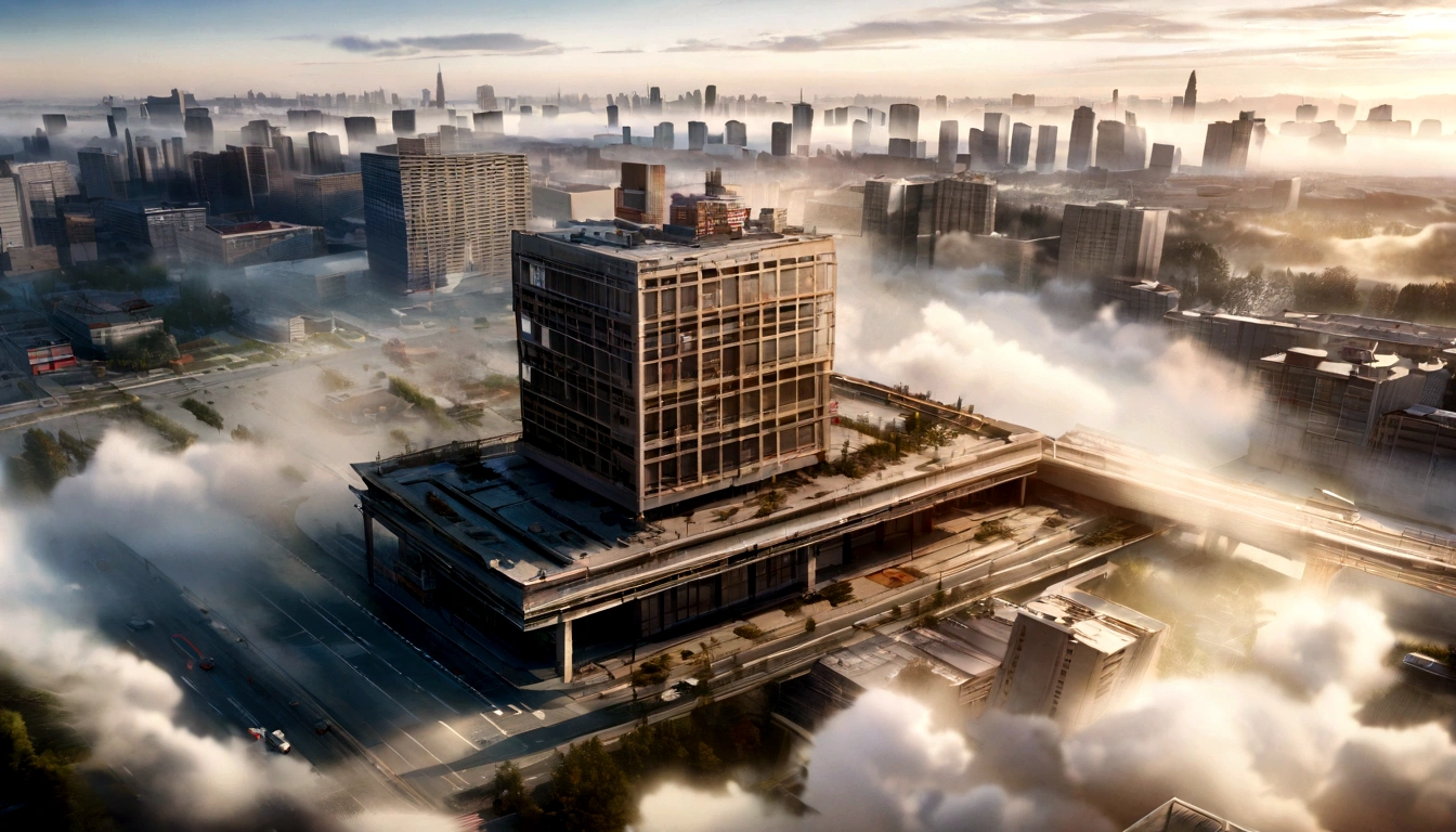 True, realistic, cinematic quality, super detail, super quality, super hd, real photography, corporate buiding, sunshine, fog, area building